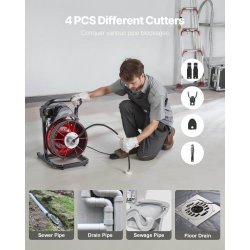 Drain Cleaner Machine 50 FT x 1/2 Inch, Sewer Snake Auger Manual Feed with 4 Cutters & Air-activated Foot Switch for 2" to 6" Pipes