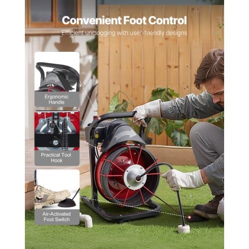 Drain Cleaner Machine 50 FT x 1/2 Inch, Sewer Snake Auger Manual Feed with 4 Cutters & Air-activated Foot Switch for 2" to 6" Pipes