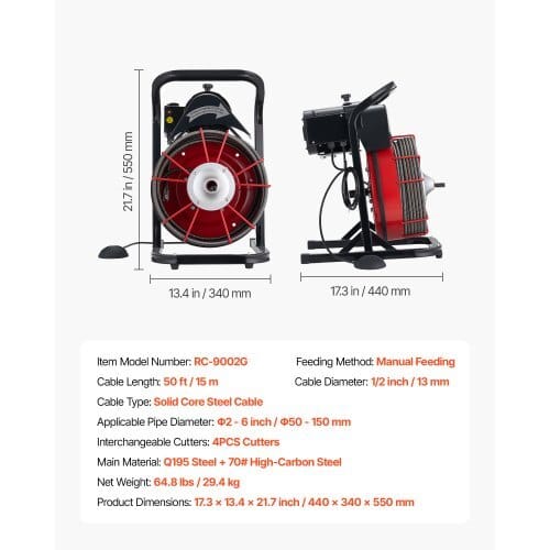 Drain Cleaner Machine 50 FT x 1/2 Inch, Sewer Snake Auger Manual Feed with 4 Cutters & Air-activated Foot Switch for 2" to 6" Pipes