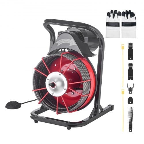 Drain Cleaner Machine 50 FT x 1/2 Inch, Sewer Snake Auger Manual Feed with 4 Cutters & Air-activated Foot Switch for 2" to 6" Pipes