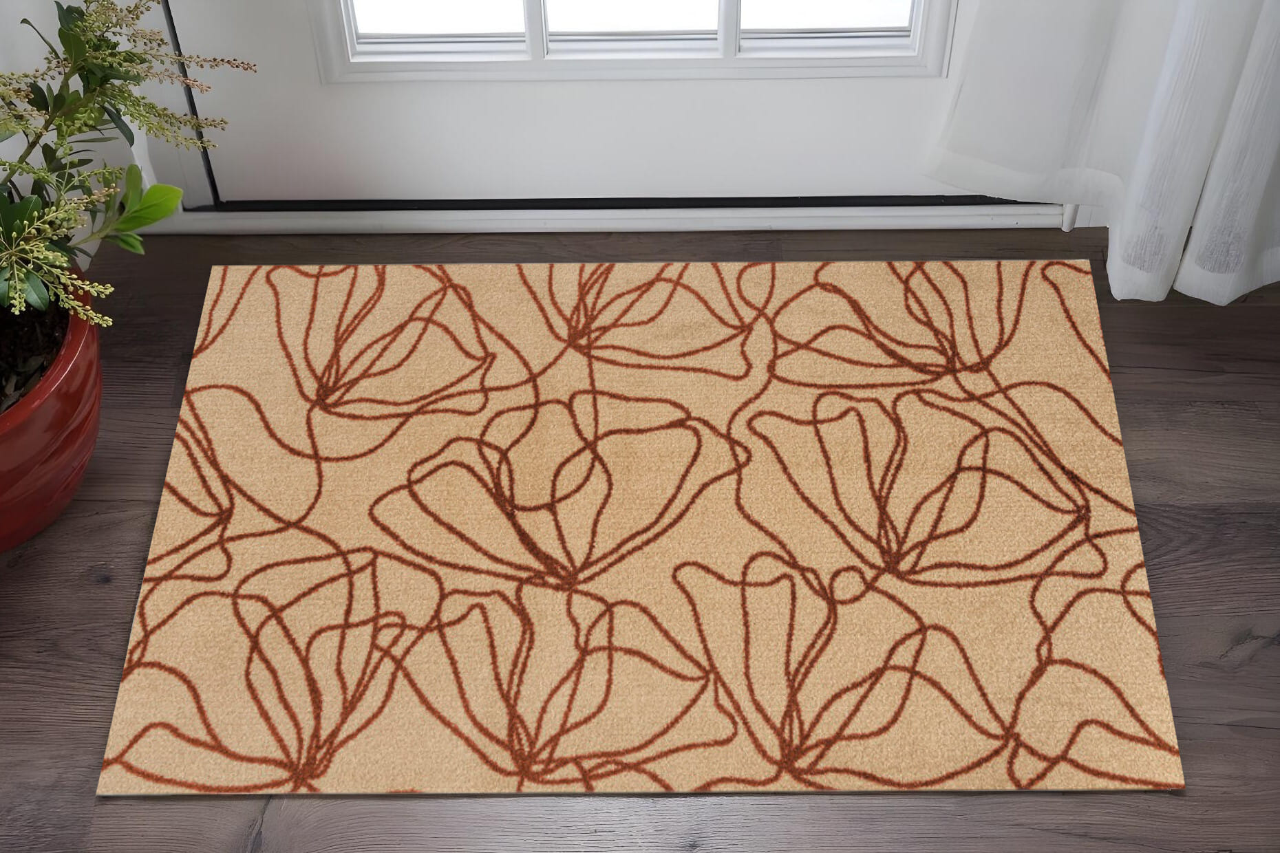 2' X 4' Beige and Bronze Floral Washable Non Skid Area Rug With UV Protection