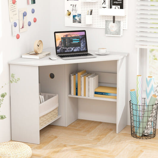 Costway Corner Computer Desk Triangle Writing Workstation with Storage Shelf White - Color: White