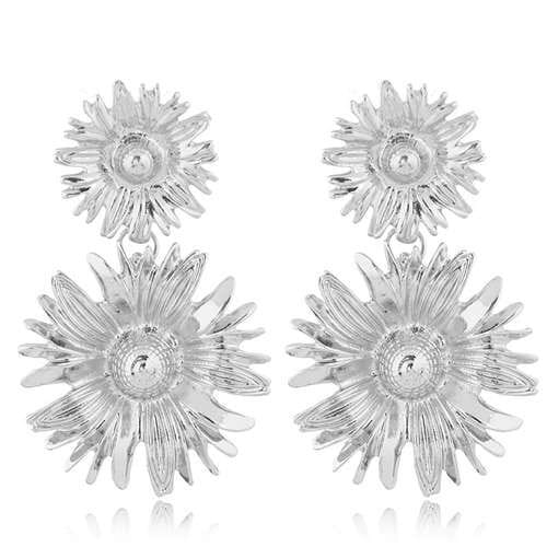 Sweet Sunflower Dangling Design High Fashion Women Statement Earrings - Silver