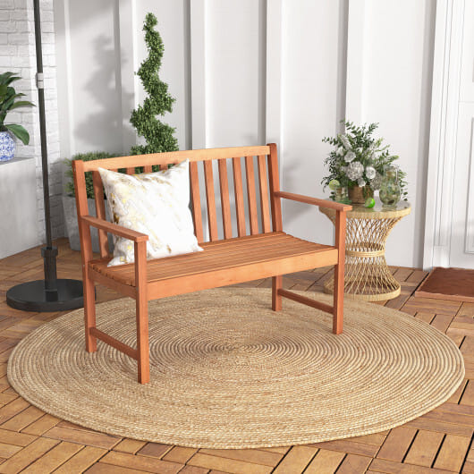 2-Seat Patio Wood Bench with Cozy Armrests and Backrest - Color: Natural