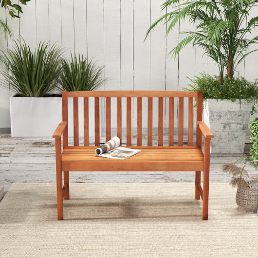 2-Seat Patio Wood Bench with Cozy Armrests and Backrest - Color: Natural