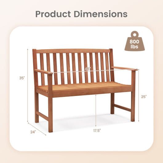 2-Seat Patio Wood Bench with Cozy Armrests and Backrest - Color: Natural