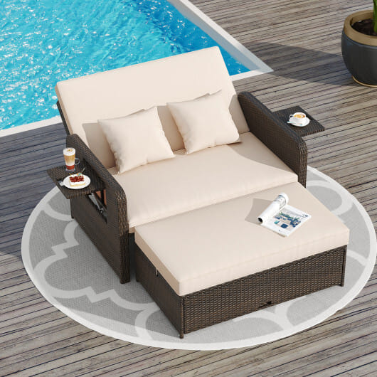 ?SMS Only?Premium Adjustable Outdoor Patio Daybed Set with Cushions and Storage Ottoman