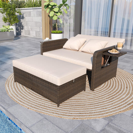 ?SMS Only?Premium Adjustable Outdoor Patio Daybed Set with Cushions and Storage Ottoman