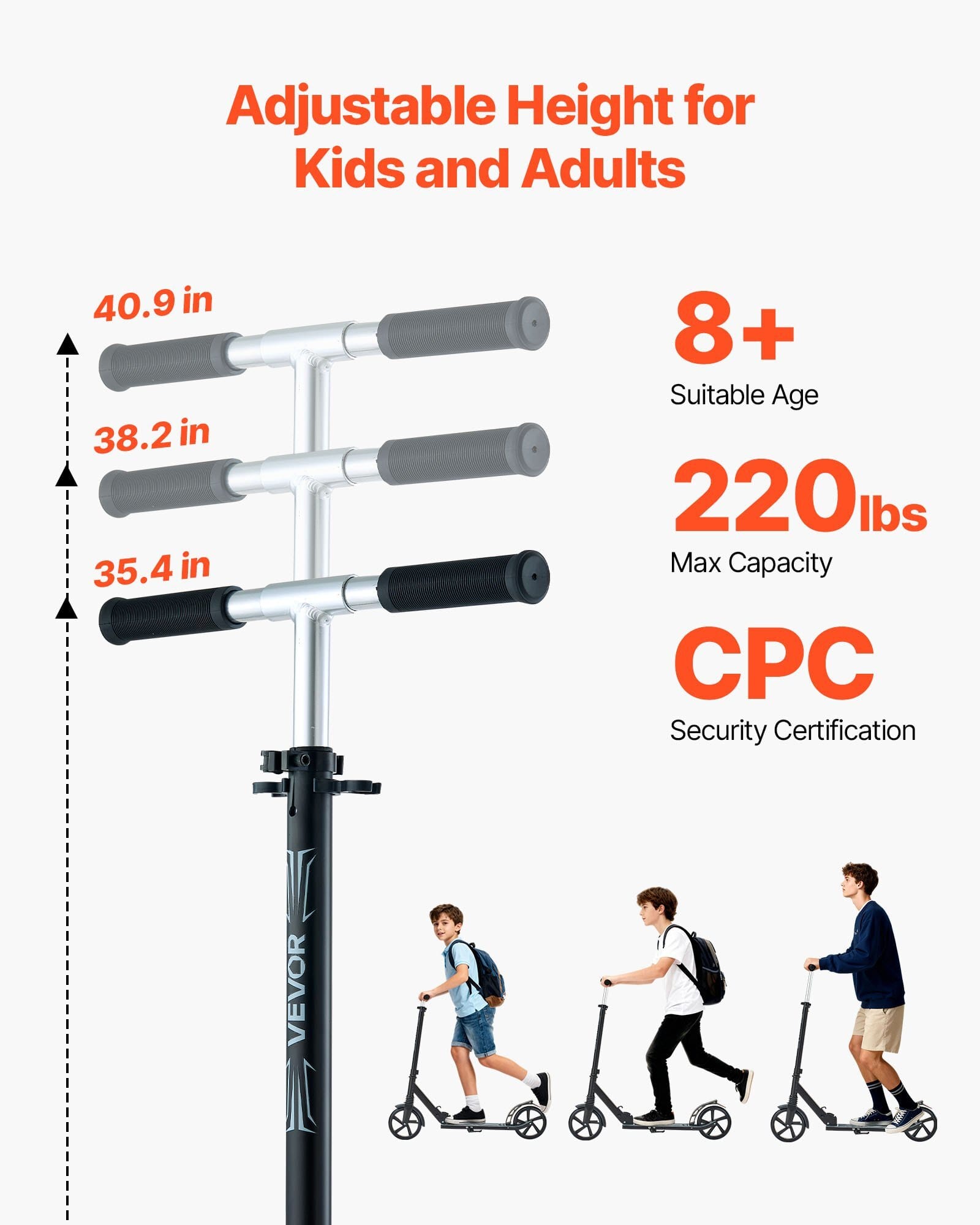 Kick Scooter for Kids Ages 8+, Teens & Adults, 2-Wheel Toddler Scooter with Adjustable Height Handlebar, Wide Anti-Slip Deck, Foldable Lightweight Frame for Boys & Girls up to 220 lbs, Black