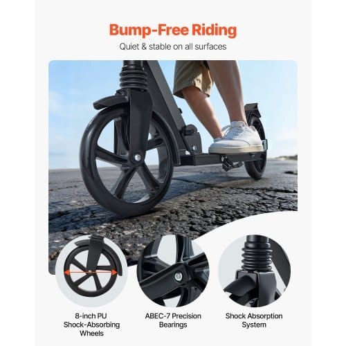 Kick Scooter for Kids Ages 8+, Teens & Adults, 2-Wheel Toddler Scooter with Adjustable Height Handlebar, Wide Anti-Slip Deck, Foldable Lightweight Frame for Boys & Girls up to 220 lbs, Black
