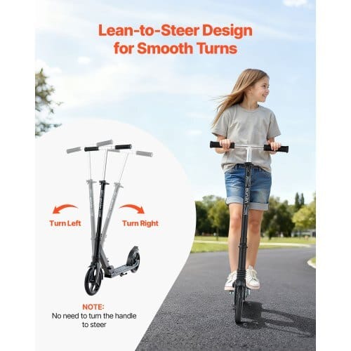 Kick Scooter for Kids Ages 8+, Teens & Adults, 2-Wheel Toddler Scooter with Adjustable Height Handlebar, Wide Anti-Slip Deck, Foldable Lightweight Frame for Boys & Girls up to 220 lbs, Black