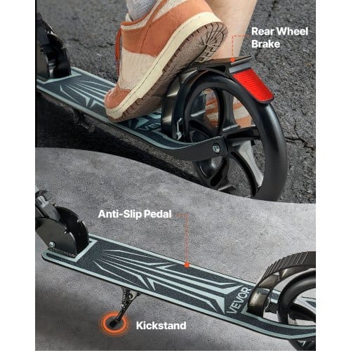 Kick Scooter for Kids Ages 8+, Teens & Adults, 2-Wheel Toddler Scooter with Adjustable Height Handlebar, Wide Anti-Slip Deck, Foldable Lightweight Frame for Boys & Girls up to 220 lbs, Black