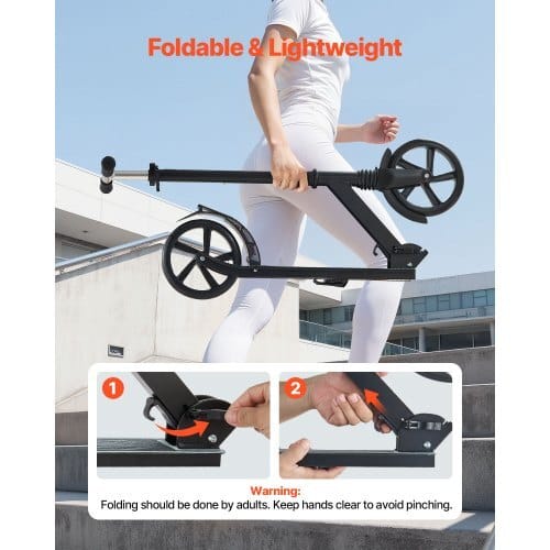 Kick Scooter for Kids Ages 8+, Teens & Adults, 2-Wheel Toddler Scooter with Adjustable Height Handlebar, Wide Anti-Slip Deck, Foldable Lightweight Frame for Boys & Girls up to 220 lbs, Black