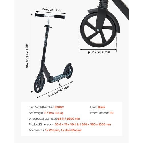 Kick Scooter for Kids Ages 8+, Teens & Adults, 2-Wheel Toddler Scooter with Adjustable Height Handlebar, Wide Anti-Slip Deck, Foldable Lightweight Frame for Boys & Girls up to 220 lbs, Black