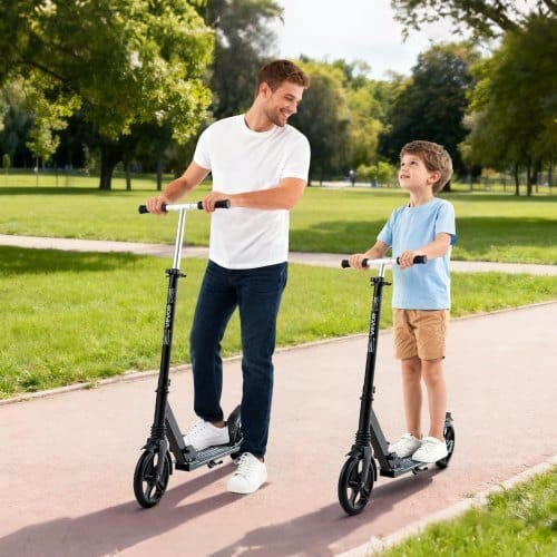 Kick Scooter for Kids Ages 8+, Teens & Adults, 2-Wheel Toddler Scooter with Adjustable Height Handlebar, Wide Anti-Slip Deck, Foldable Lightweight Frame for Boys & Girls up to 220 lbs, Black