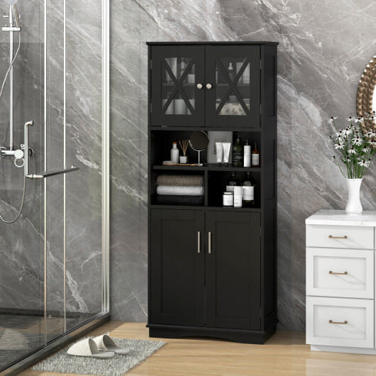 Tall Bathroom Cabinet Large Floor Storage Cabinet with Acrylic Doors and 3 Cubes-Black - Color: Black