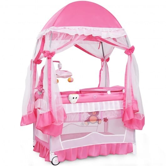 Portable Baby Playpen Crib Cradle with Carring Bag-Pink - Color: Pink