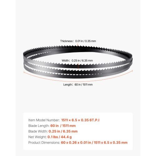 Bandsaw Blade, 60 Inch Length, 6 TPI Band Saw Blade with 15 HRC Hardened Sharp Teeth, SK5 High-Strength Carbon Steel, 0.25 Inch Width, Replacement for Major Woodworking Band Saw Brands, 1 Pack
