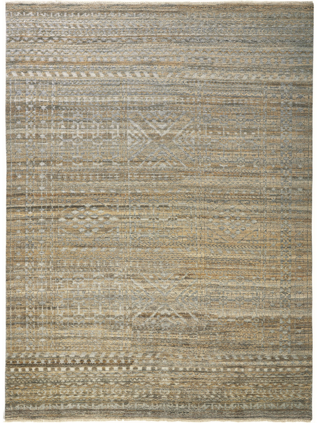 6' X 9' Gold and Tan Geometric Hand Knotted Worn Faded Area Rug