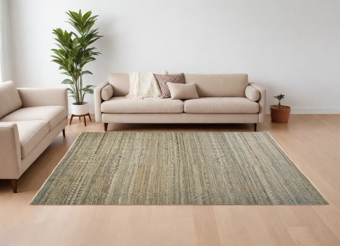 6' X 9' Gold and Tan Geometric Hand Knotted Worn Faded Area Rug