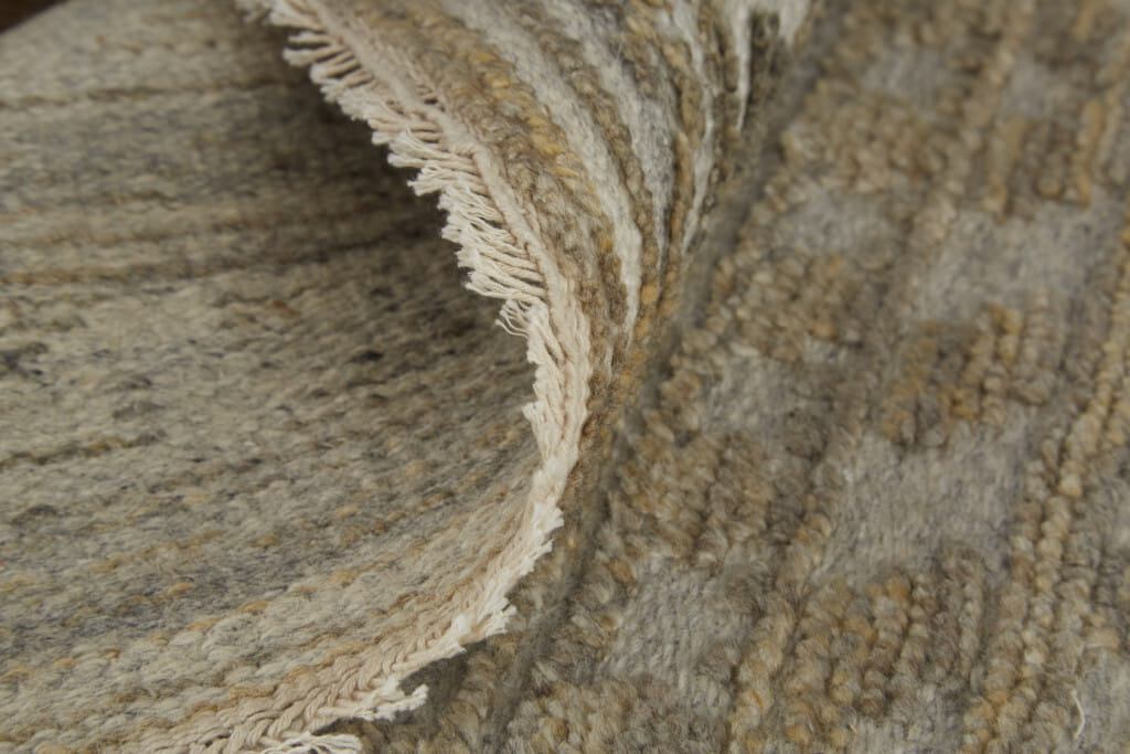 6' X 9' Gold and Tan Geometric Hand Knotted Worn Faded Area Rug