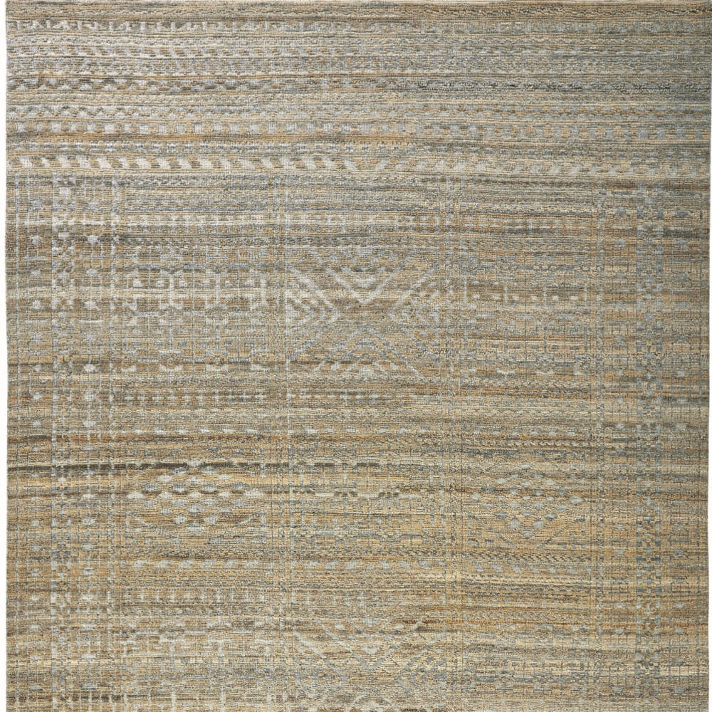 6' X 9' Gold and Tan Geometric Hand Knotted Worn Faded Area Rug