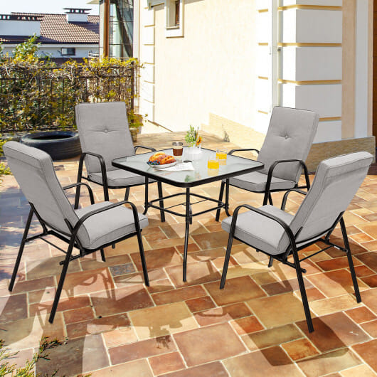 35 Inch Patio Dining Square Tempered Glass Table with Umbrella Hole - Color: Transparent