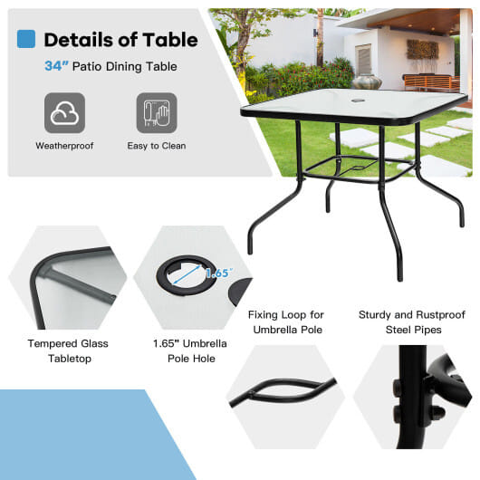 35 Inch Patio Dining Square Tempered Glass Table with Umbrella Hole - Color: Transparent