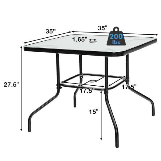 35 Inch Patio Dining Square Tempered Glass Table with Umbrella Hole - Color: Transparent