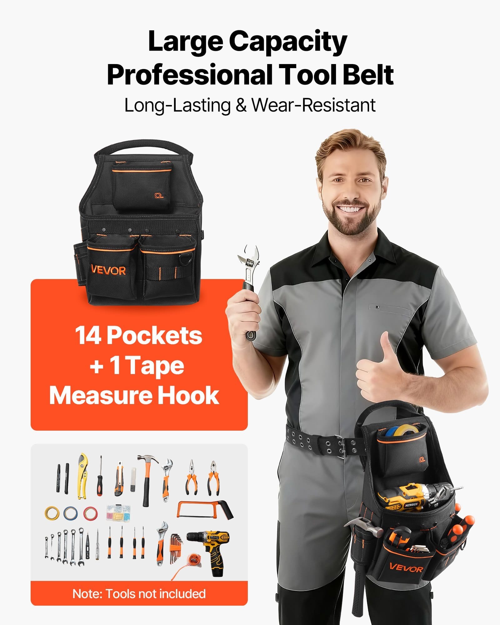 Tool Pouch with Belt, 14 Pockets Professional Tool Belt Pouch for Men, Heavy Duty Detachable Adjustable Utility Work Bag for Electrician, Carpenter, Construction, Adjusts Waist 32 to 50 Inches