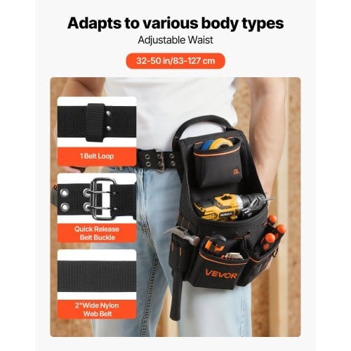 Tool Pouch with Belt, 14 Pockets Professional Tool Belt Pouch for Men, Heavy Duty Detachable Adjustable Utility Work Bag for Electrician, Carpenter, Construction, Adjusts Waist 32 to 50 Inches