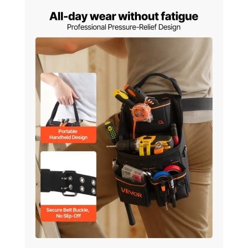 Tool Pouch with Belt, 14 Pockets Professional Tool Belt Pouch for Men, Heavy Duty Detachable Adjustable Utility Work Bag for Electrician, Carpenter, Construction, Adjusts Waist 32 to 50 Inches