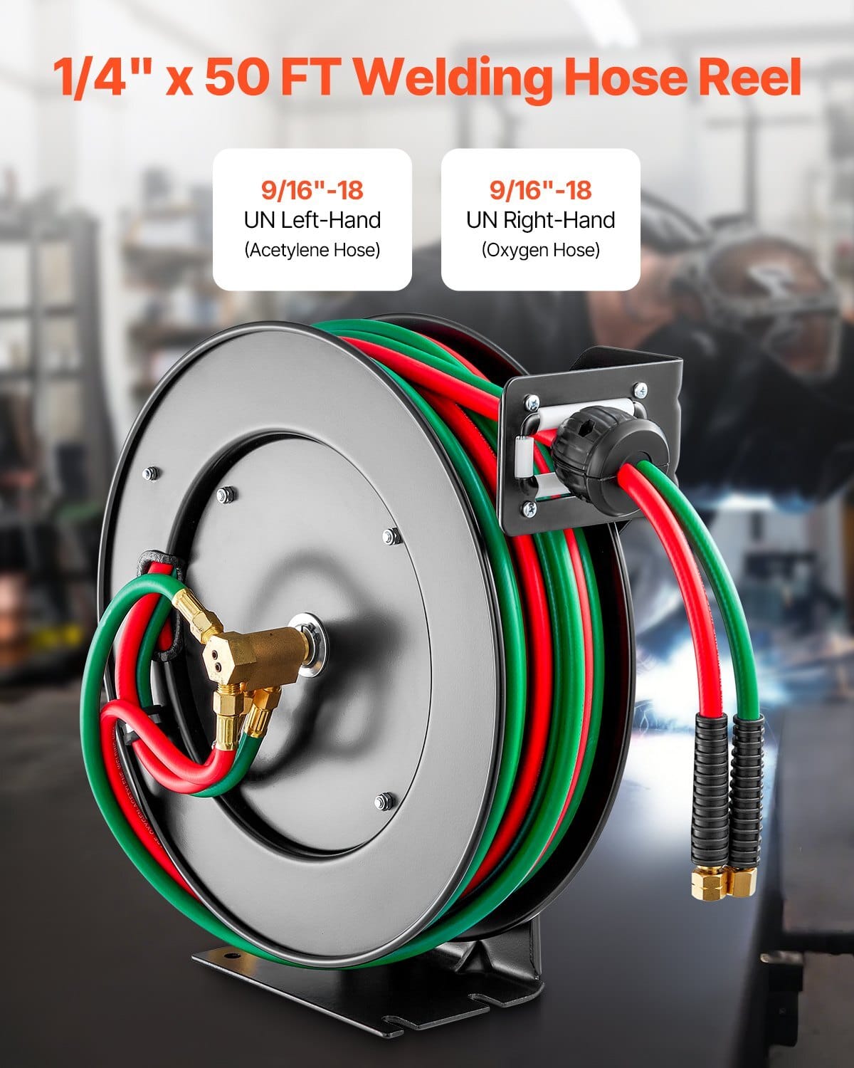 Retractable Welding Hose Reel, 1/4-Inch x 50FT Twin Oxygen Acetylene Rubber Hose Max 300PSI - T Grade, Ceiling/Wall Mount Heavy Duty Steel Hose Reel Auto-Rewind, Ideal for Workshops Garages