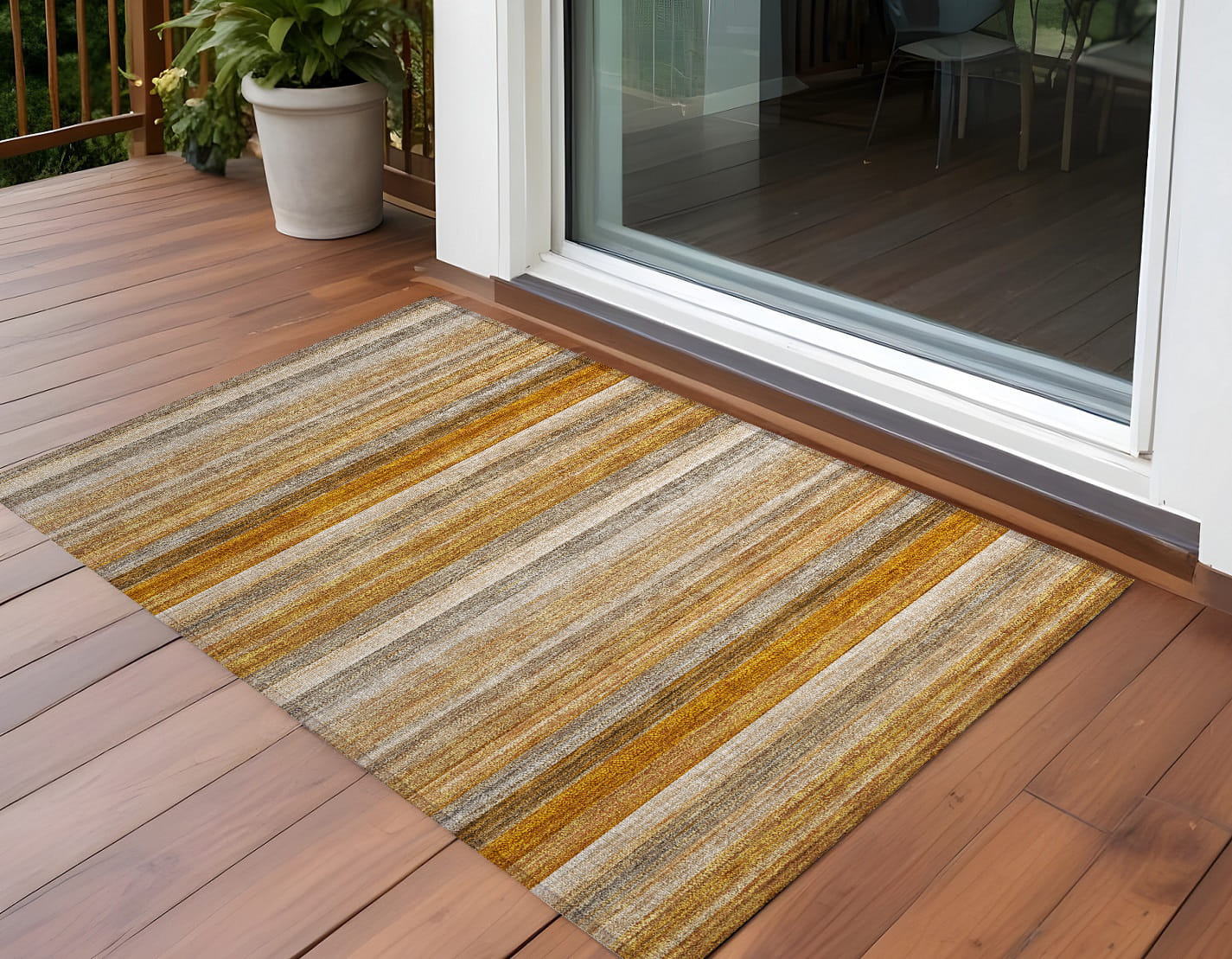 3' X 5' Brown and Orange Striped Washable Non Skid Indoor Outdoor Area Rug