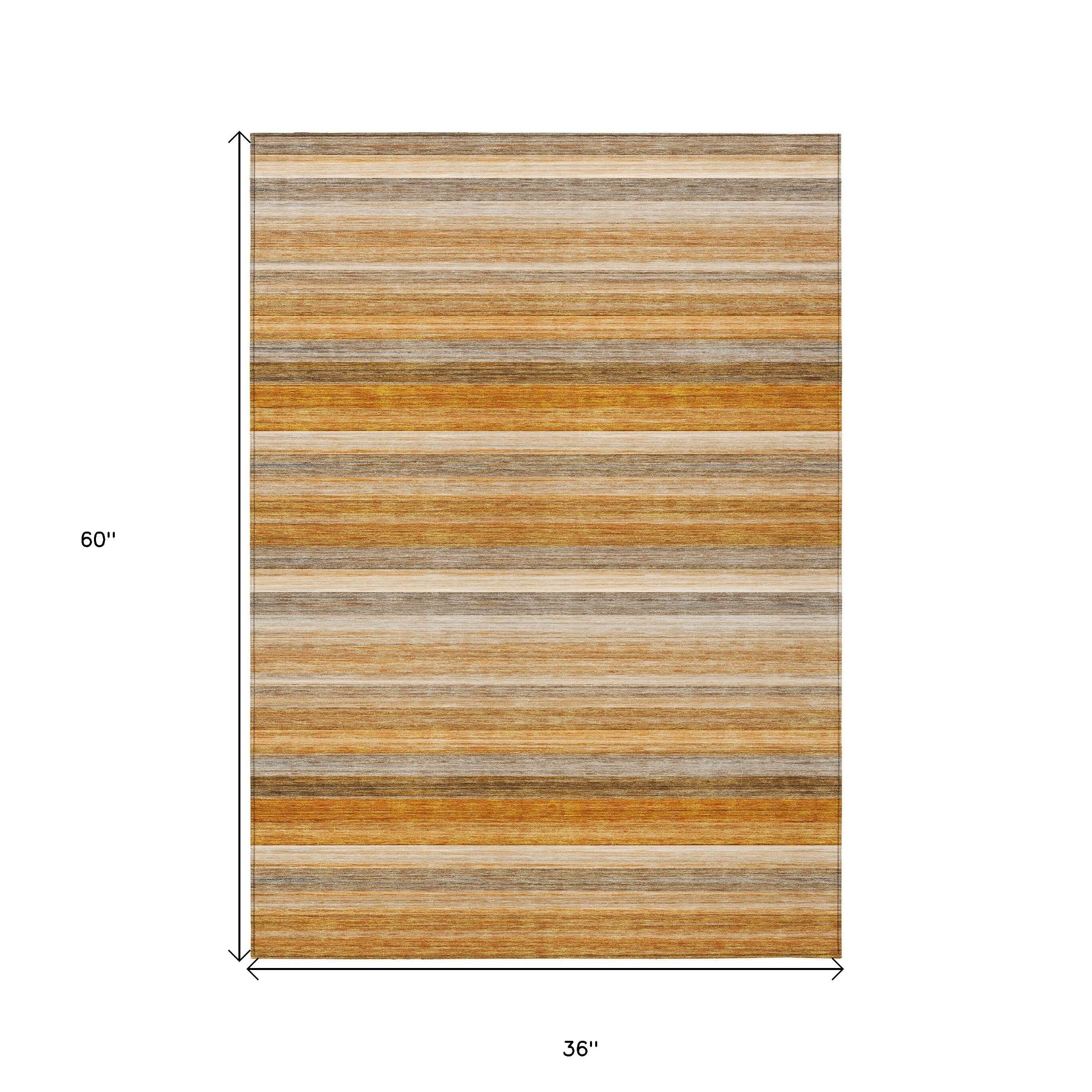3' X 5' Brown and Orange Striped Washable Non Skid Indoor Outdoor Area Rug