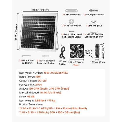 Solar Powered Fan, 15W Solar Panel with 2 Fans, Adjustable Solar Panel Angle, 2668 RPM High-Speed, Flexible Installation, Fast Air Exchange for Greenhouse, Grow Tents, Chicken Coops, Shelters