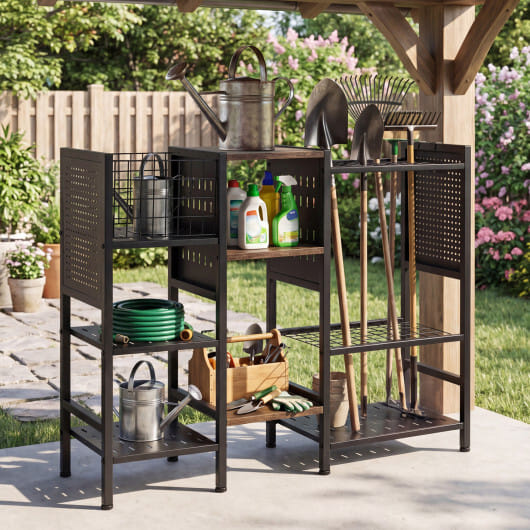 Garden Tool Organizer with Wooden Shelves for Garage and Shed-Black