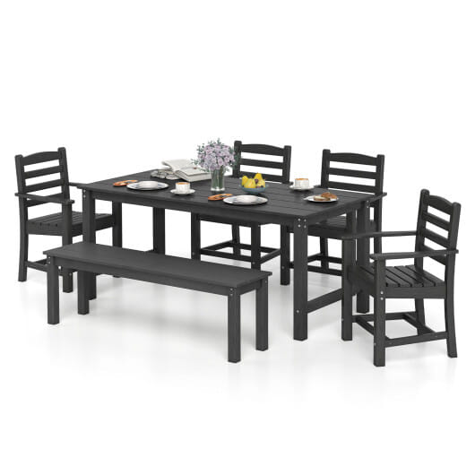 6 Pieces Patio Dining Bench Set Outdoor HDPE Weather Resistant Table and Chairs Set-Grey