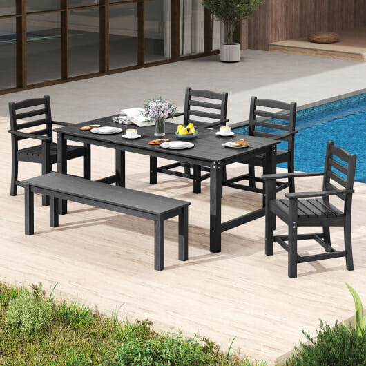 6 Pieces Patio Dining Bench Set Outdoor HDPE Weather Resistant Table and Chairs Set-Grey