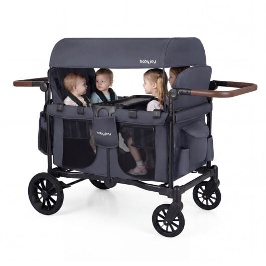 Wagon Stroller for 4 Kids Foldable 4-Seater Push-Pull Toddler Stroller-Gray - Color: Gray