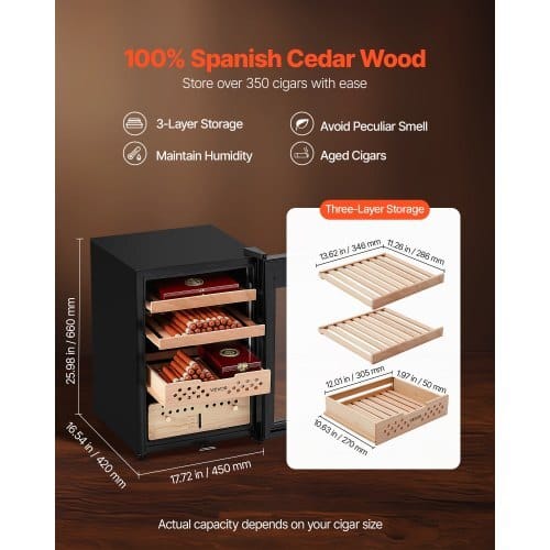 Electric Humidor, 60L, 350 Counts Electric Cigar Humidor Cabinet with Compressor Cooling, Constant Humidity & Temperature Control, Spanish Cedar Wood Shelves & Drawers, 3 Layers, for Household