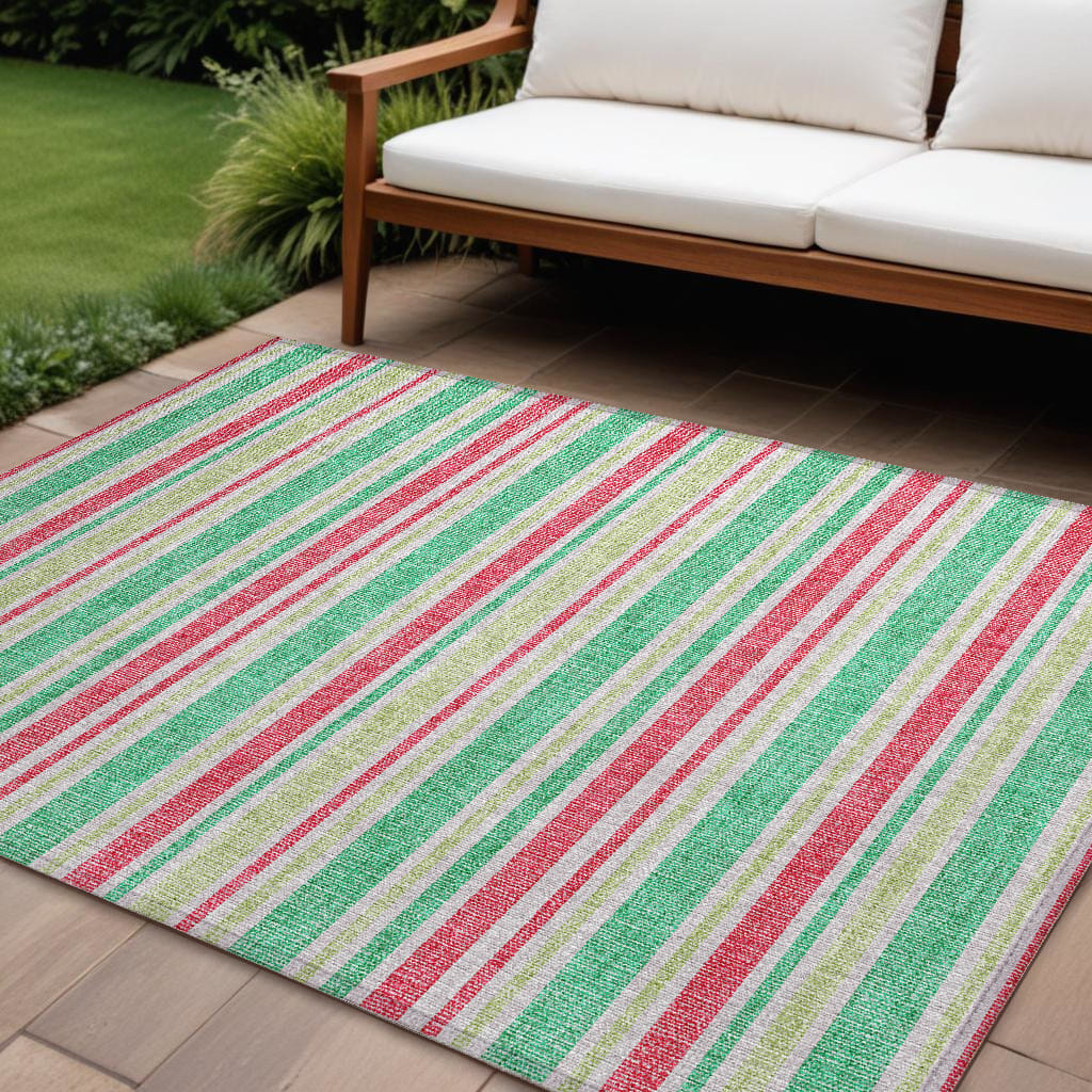 8' X 10' Green Striped Washable Non Skid Indoor Outdoor Area Rug