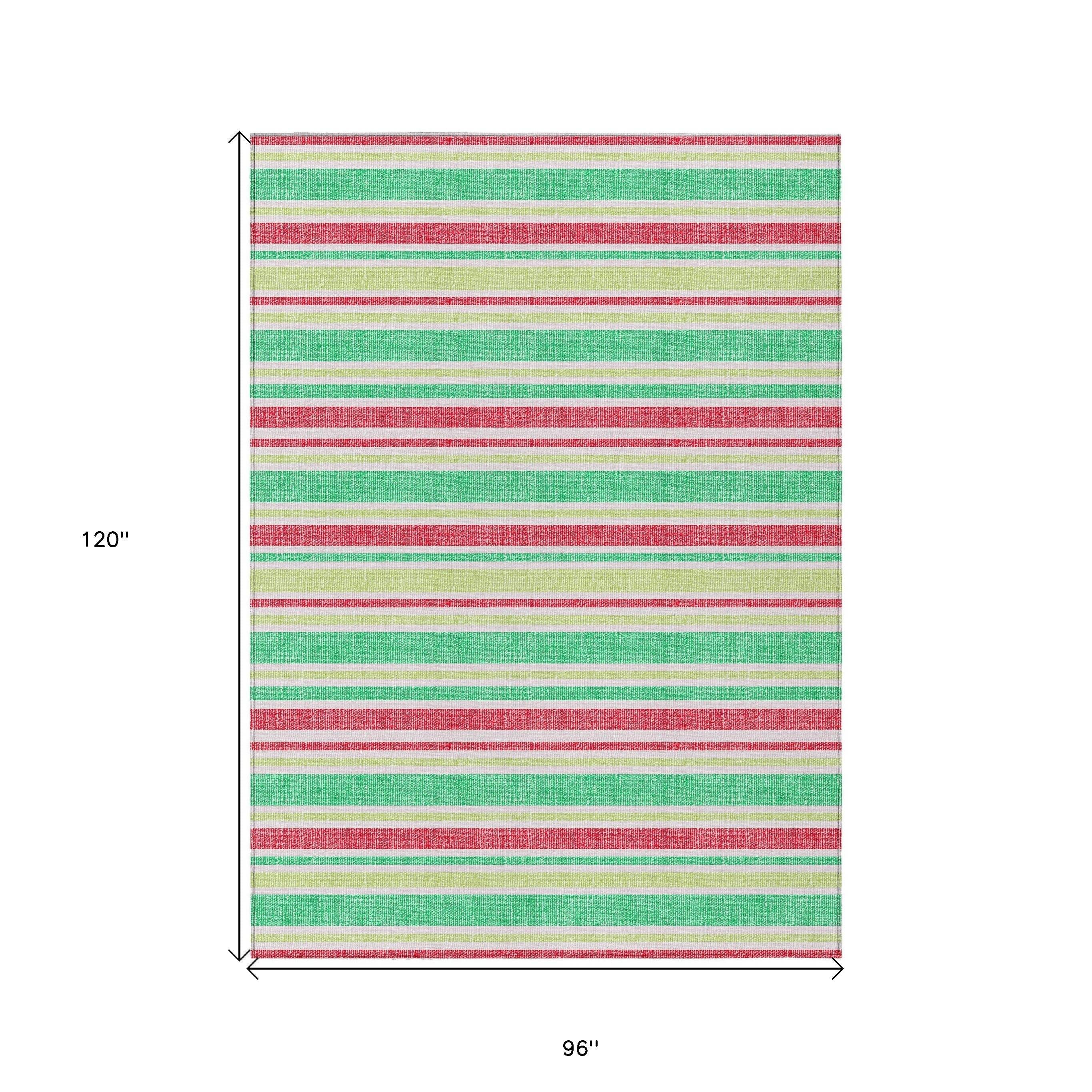 8' X 10' Green Striped Washable Non Skid Indoor Outdoor Area Rug