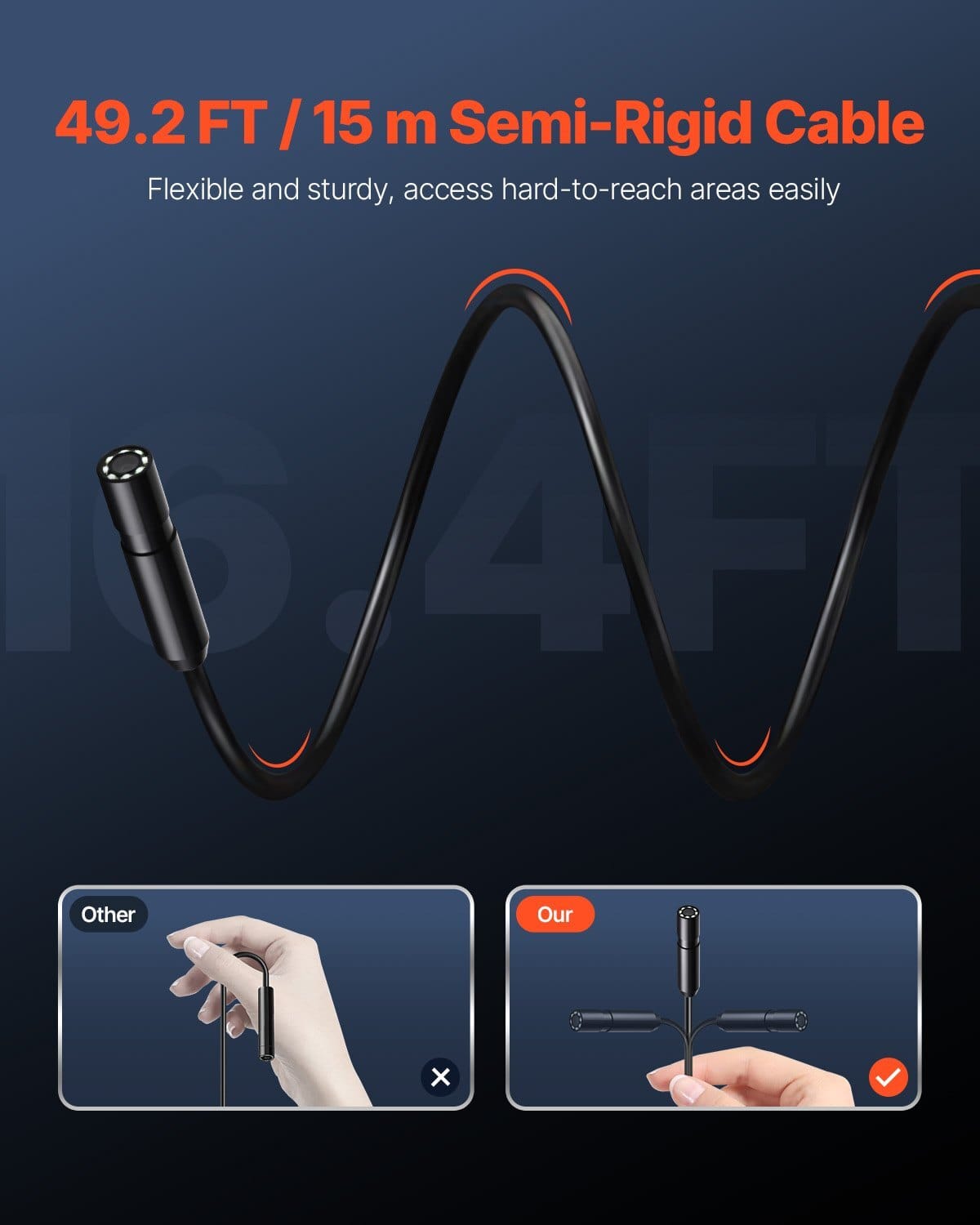 Endoscope Camera with 49.2FT Semi-Rigid Cable, 1920P HD Borescope for Android & IOS, Industrial Inspection Camera with Light - 8 LED, 2X Zoom, IP67 Waterproof Snake Camera for Auto, Plumbing