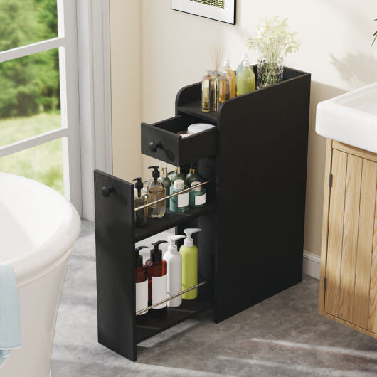 Costway Small Bathroom Storage Cabinet 4-Tier with Slide Out Drawers on Casters-Black