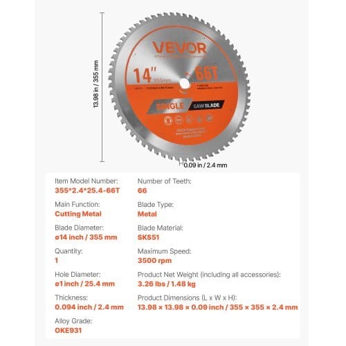 Circular Saw Blade, 14 inch Diameter, 66 Sharp Alloy Teeth, 1 inch Arbor, Fine Finish, Metal Cutting Blade for Circular Saw, with Noise-Reducing Heat Vents, for Cutting Steel and Aluminum