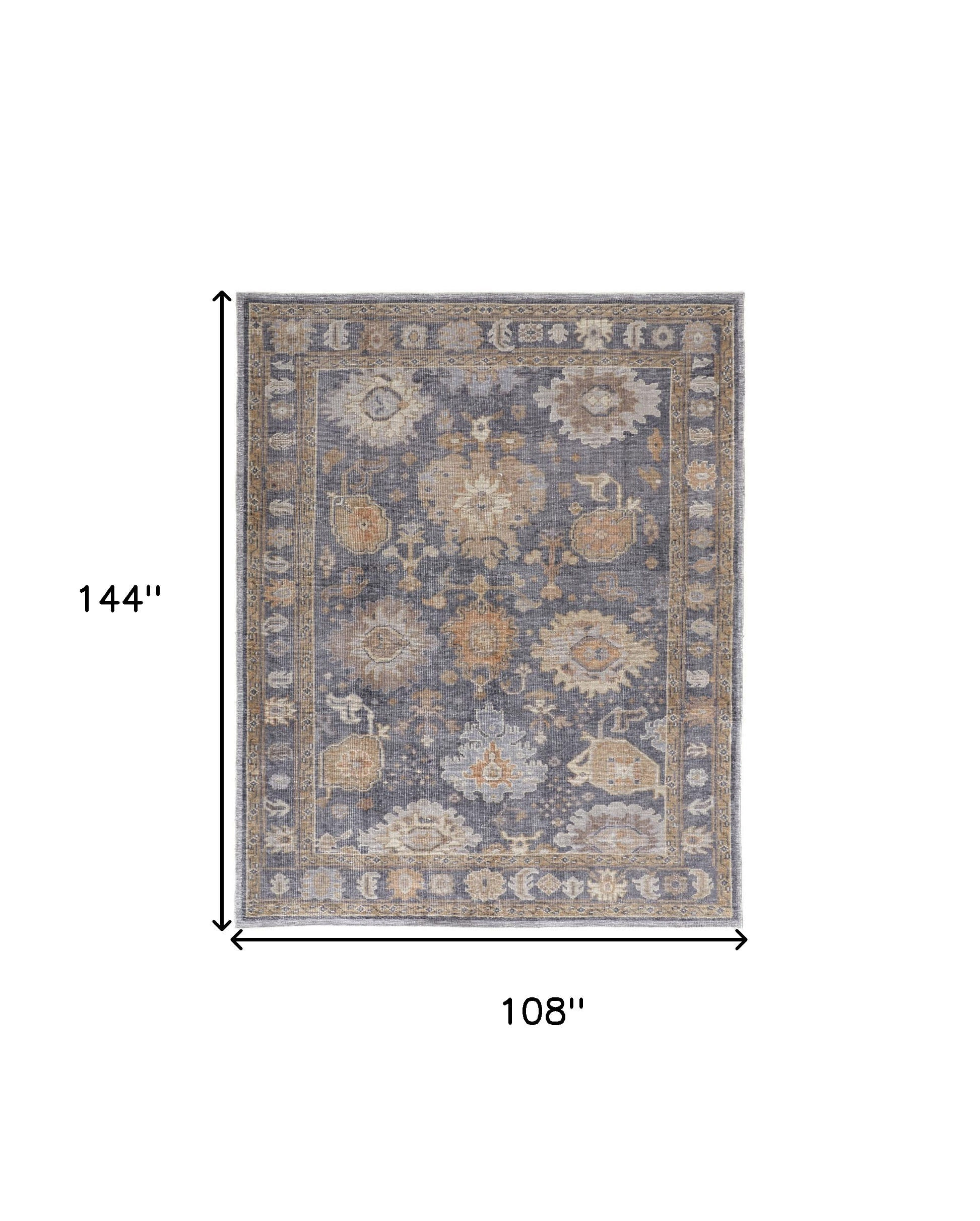 9' X 12' Blue Gray and Tan Oriental Hand Knotted Worn Faded Area Rug