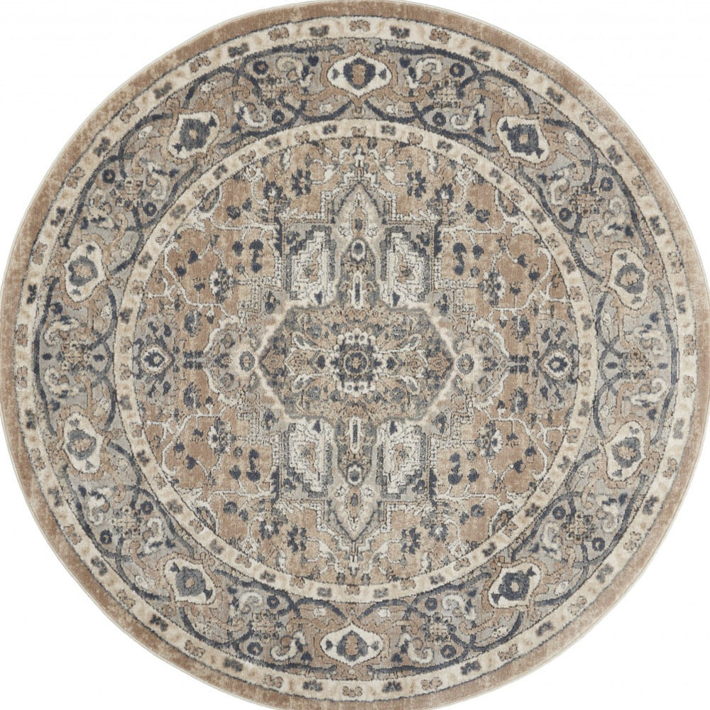 4' X 4' Beige And Grey Round Oriental Power Loom Non Skid Area Rug