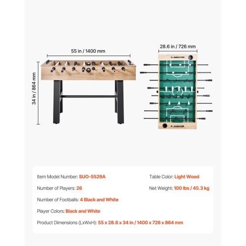 Foosball Table, 55 inch Standard Size Table, Indoor Full Size Foosball Tables for Home, Family, and Game Room, Durable Soccer Set, Includes 4 Balls, Score Keeper, and 2 Cup Holders