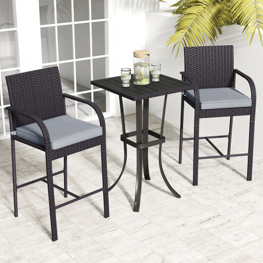 3-Piece Patio Wicker Rattan Bar Height Chairs and Square Table Set-Black - Color: Black